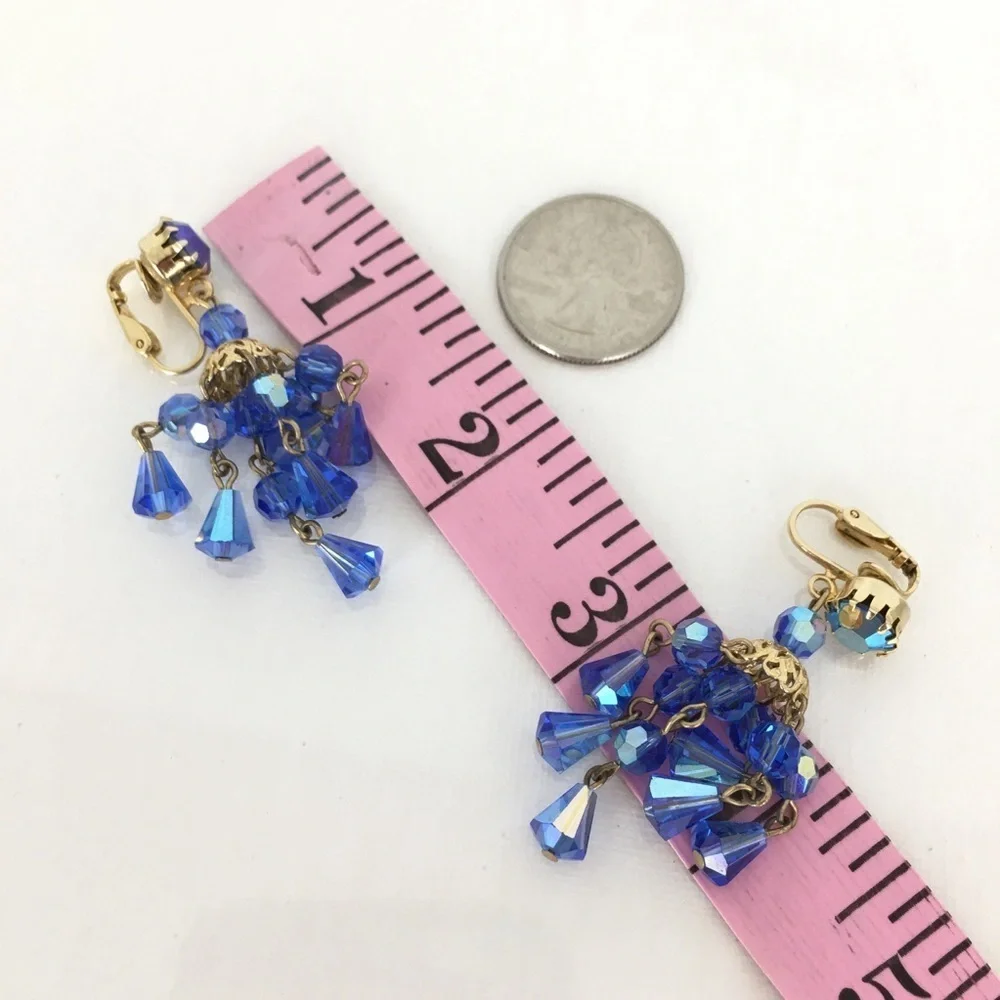 Vintage Hattie Carnegie Signed Austrian Crystal Blue Chandelier Clip Earrings